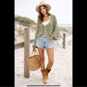 Boho Crochet Cardigan Rag Poets Beach Festival Sweater Balloon Sleeve Cropped S